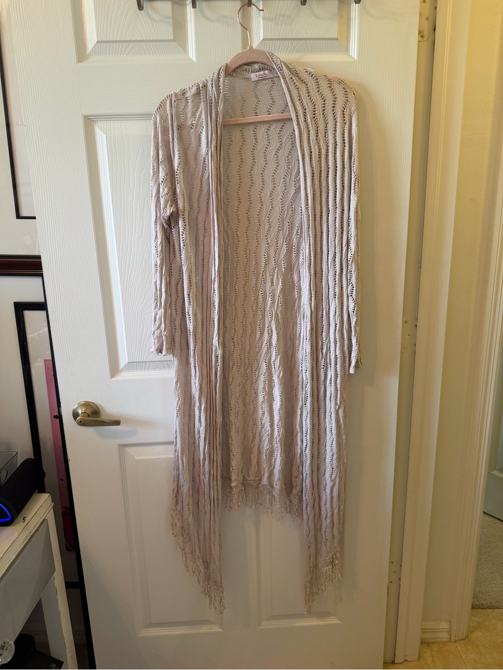 Open-Front Light Beige Knit Fringe Longline Cardigan